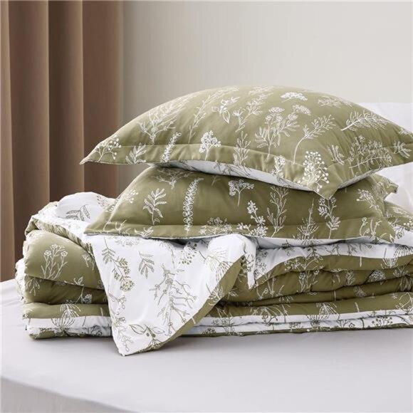 Bedsure King Comforter Set - Olive Green Bed Set, 3 Pieces Cute Floral Bedding, - Picture 13 of 14